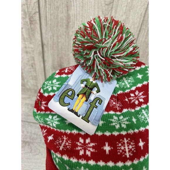 Buddy The Elf Themed Beanie Hat One Size Multi Color Pom Pom Rolled Bottom New - Picture 4 of 7